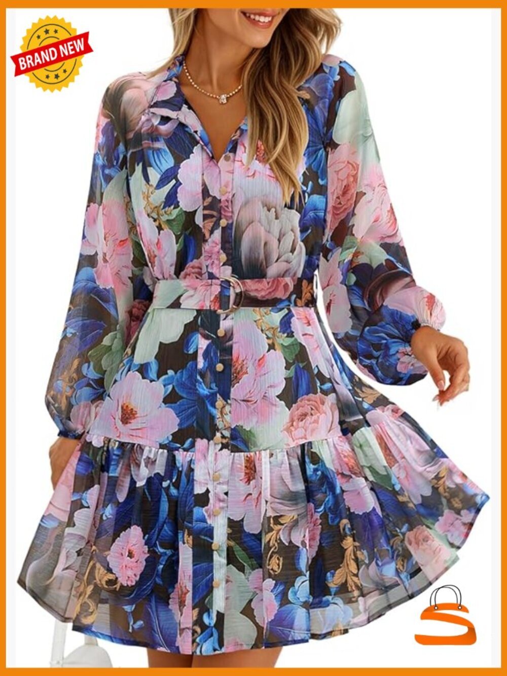 Chiffon Floral Mini Dress Long Sleeve A-Line Swing Dress